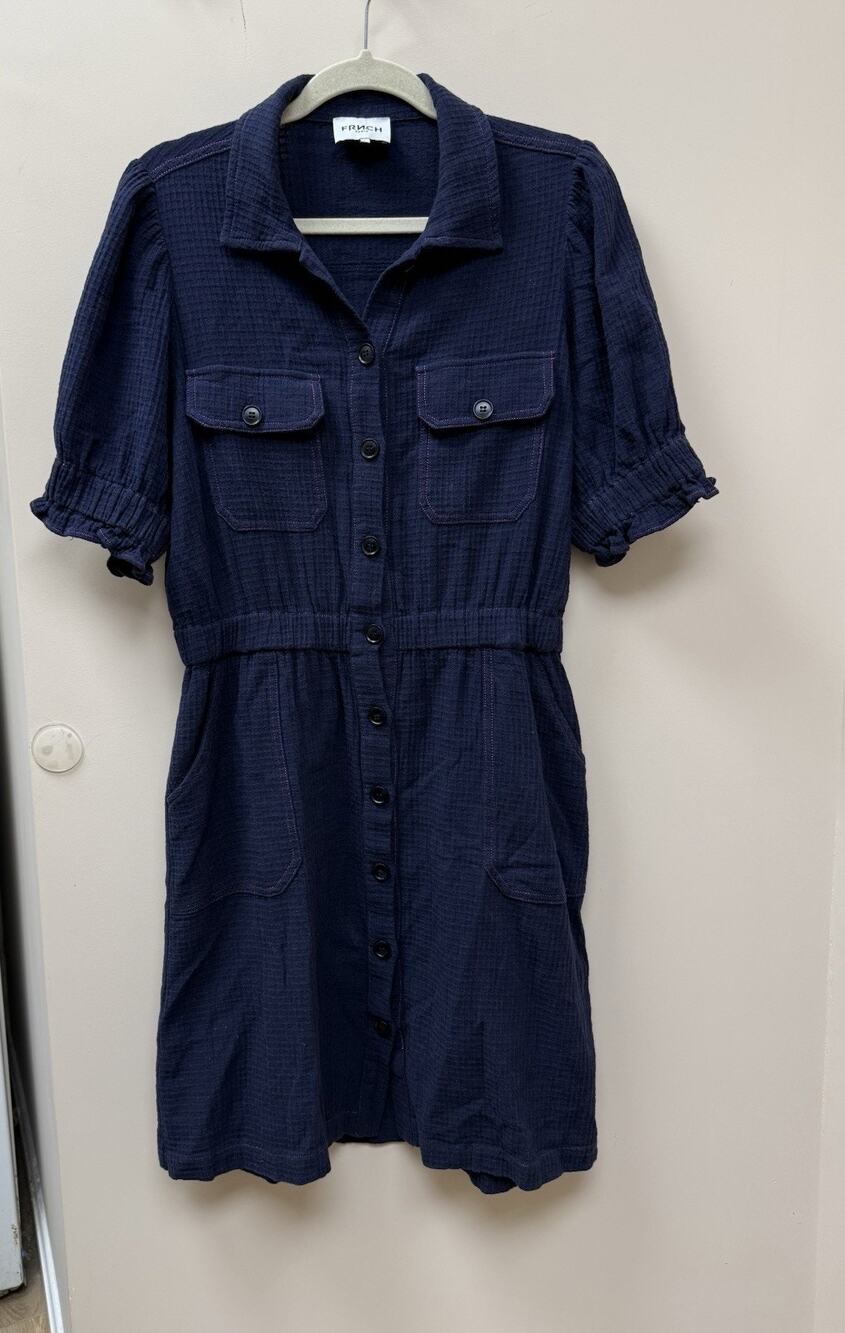 Anthropologie FRNCH Paris Mini Shirt Dress Navy Pink Stitching Pockets Sz LG
